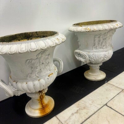Pair of Antique Campaign Cast Iron Urns