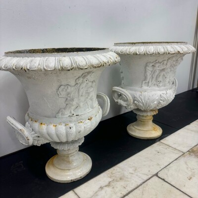 Pair of Antique Campaign Cast Iron Urns
