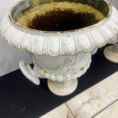 Pair of Antique Campaign Cast Iron Urns