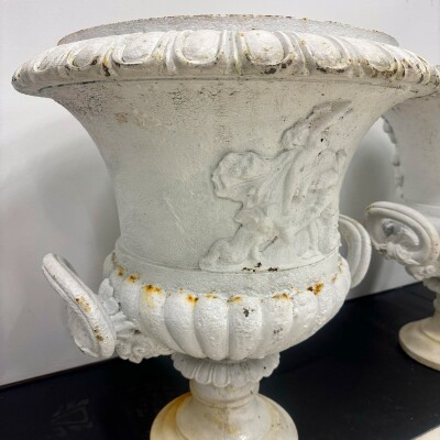 Pair of Antique Campaign Cast Iron Urns