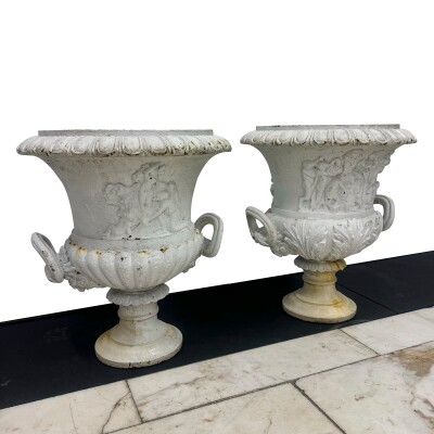 Pair of Antique Campaign Cast Iron Urns