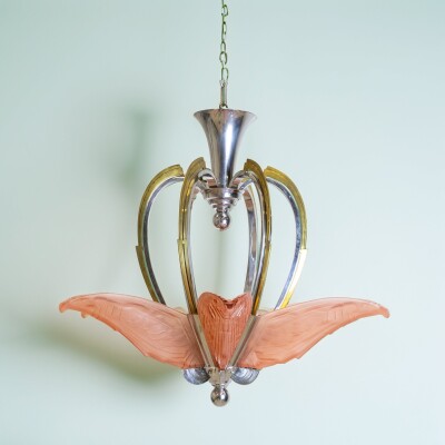 French Art Deco Ceiling Light Chandelier with Pink Glass