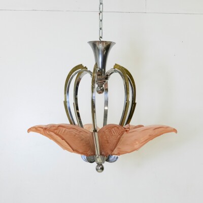 French Art Deco Ceiling Light Chandelier with Pink Glass