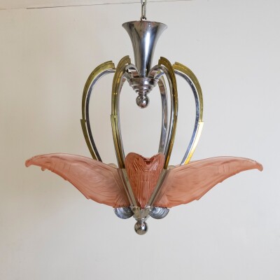 French Art Deco Ceiling Light Chandelier with Pink Glass