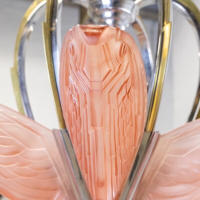 French Art Deco Ceiling Light Chandelier with Pink Glass