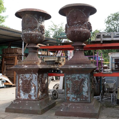 Pair of Monumental Cast Iron Urns on Plinths