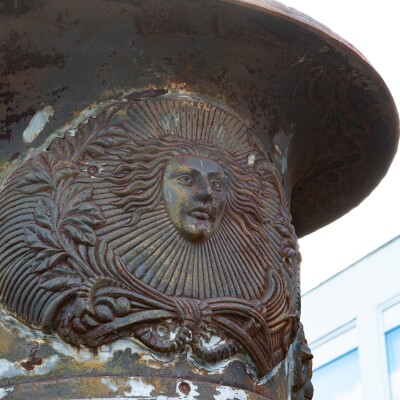 Pair of Monumental Cast Iron Urns on Plinths