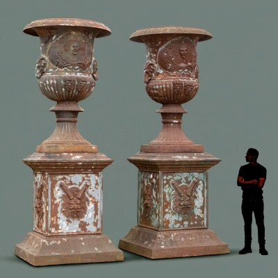 Pair of Monumental Cast Iron Urns on Plinths