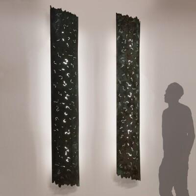 Large Reclaimed Sculptural Copper Pillar Lights with Cut-Outs | 4 Available