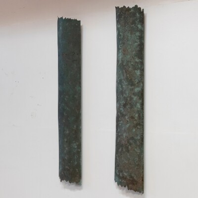 Large Reclaimed Sculptural Copper Pillar Lights with Cut-Outs | 4 Available