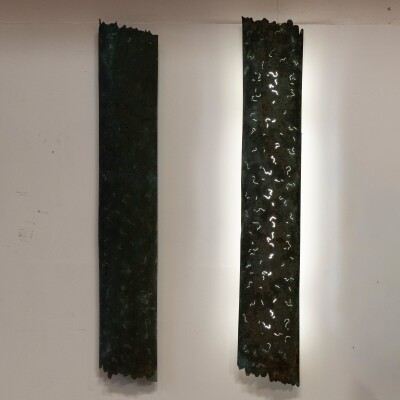 Large Reclaimed Sculptural Copper Pillar Lights with Cut-Outs | 4 Available