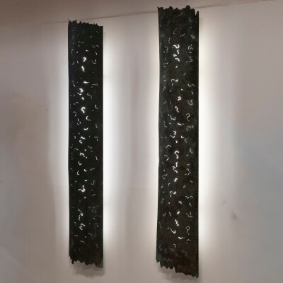 Large Reclaimed Sculptural Copper Pillar Lights with Cut-Outs | 4 Available