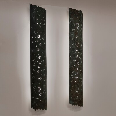 Large Reclaimed Sculptural Copper Pillar Lights with Cut-Outs | 4 Available