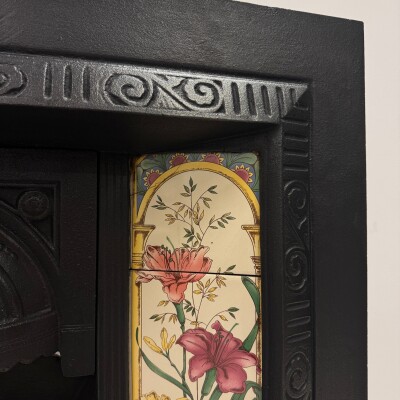 Victorian Cast Iron Tiled Fireplace Insert with Floral Panels
