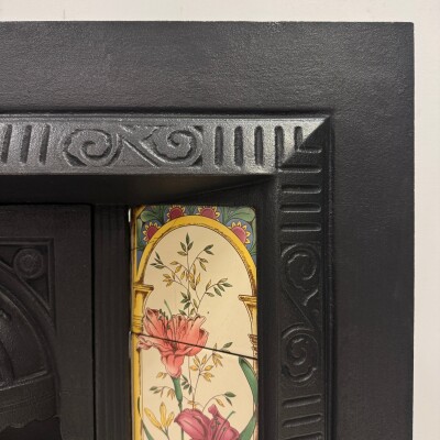 Victorian Cast Iron Tiled Fireplace Insert with Floral Panels