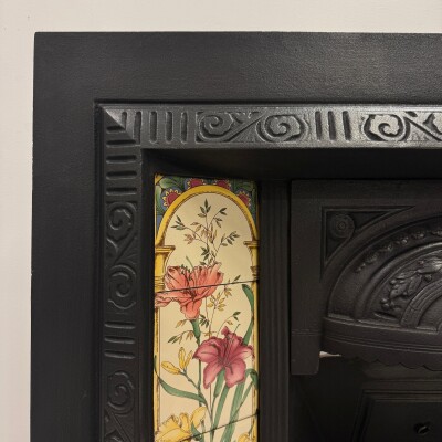 Victorian Cast Iron Tiled Fireplace Insert with Floral Panels