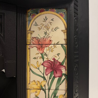 Victorian Cast Iron Tiled Fireplace Insert with Floral Panels