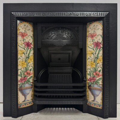 Victorian Cast Iron Tiled Fireplace Insert with Floral Panels