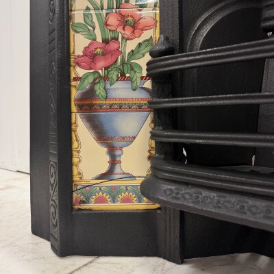 Victorian Cast Iron Tiled Fireplace Insert with Floral Panels