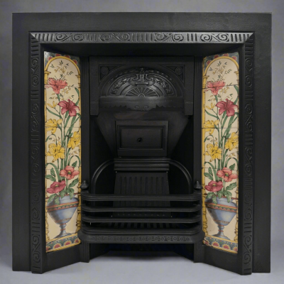 Victorian Cast Iron Tiled Fireplace Insert with Floral Panels