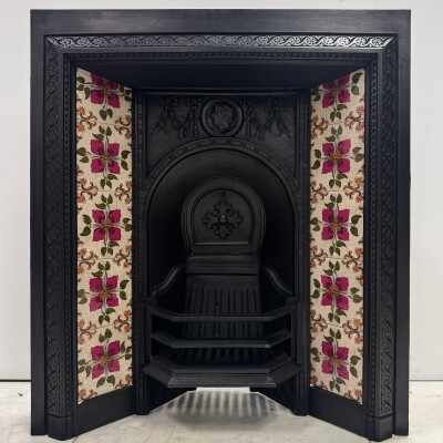 Victorian Cast Iron Tiled Fireplace Insert with Floral Panels