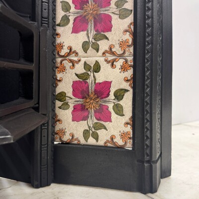Victorian Cast Iron Tiled Fireplace Insert with Floral Panels