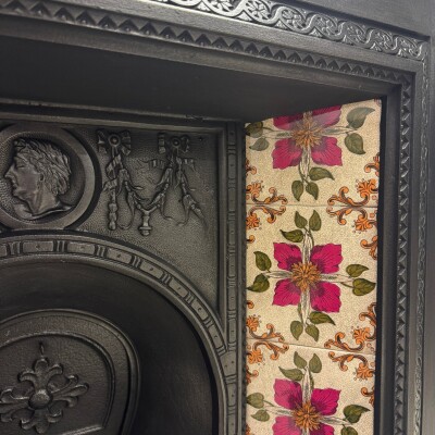Victorian Cast Iron Tiled Fireplace Insert with Floral Panels