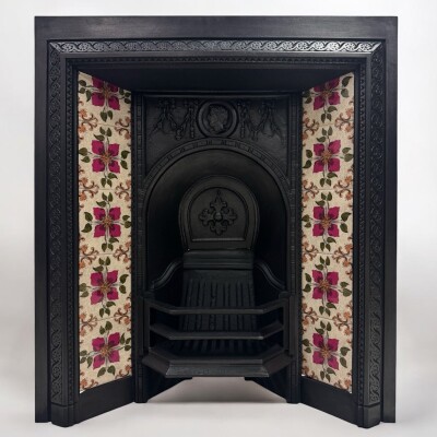 Victorian Cast Iron Tiled Fireplace Insert with Floral Panels