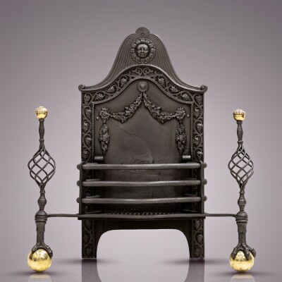 Large Antique Arts & Crafts Fire Basket with Finials
