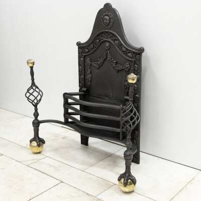 Large Antique Arts & Crafts Fire Basket with Finials