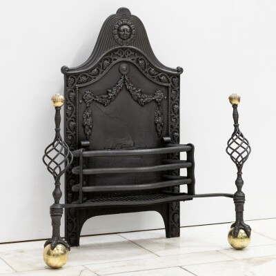 Large Antique Arts & Crafts Fire Basket with Finials