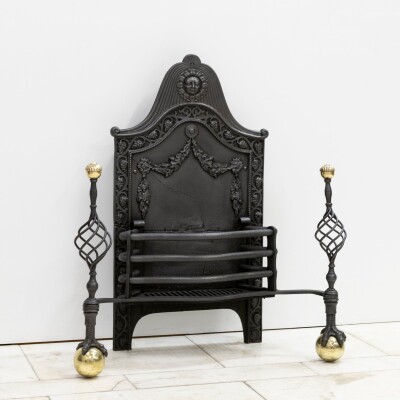 Large Antique Arts & Crafts Fire Basket with Finials