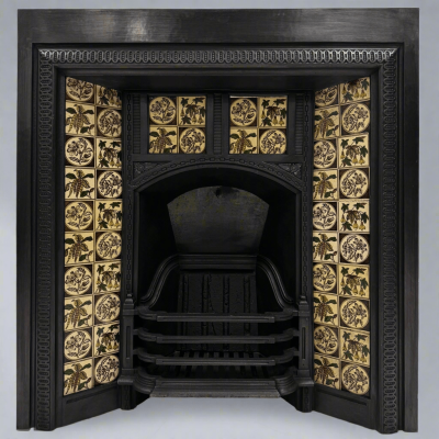 Antique Victorian Cast Iron Floral Tiled Fireplace Insert