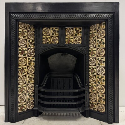 Antique Victorian Cast Iron Floral Tiled Fireplace Insert