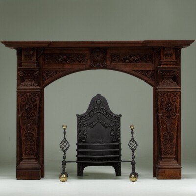 Monumental Antique Arts & Crafts Carved Oak Fireplace Surround