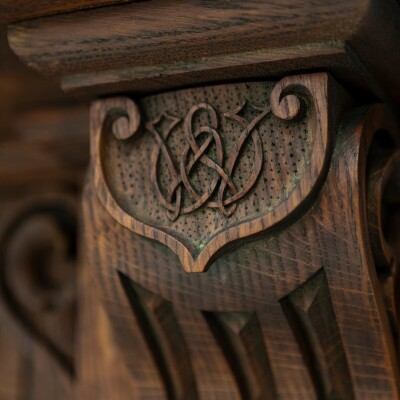 Monumental Antique Arts & Crafts Carved Oak Fireplace Surround