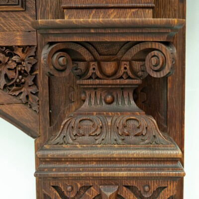 Monumental Antique Arts & Crafts Carved Oak Fireplace Surround