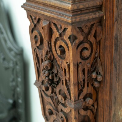 Monumental Antique Arts & Crafts Carved Oak Fireplace Surround