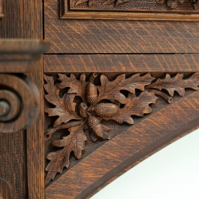 Monumental Antique Arts & Crafts Carved Oak Fireplace Surround