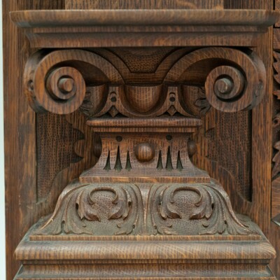Monumental Antique Arts & Crafts Carved Oak Fireplace Surround