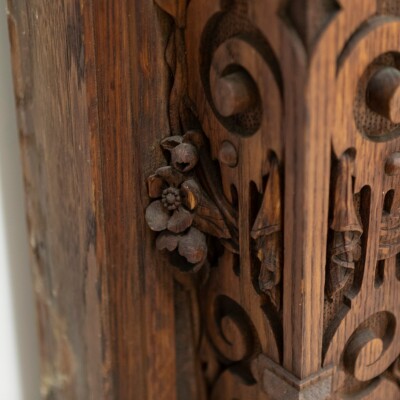 Monumental Antique Arts & Crafts Carved Oak Fireplace Surround