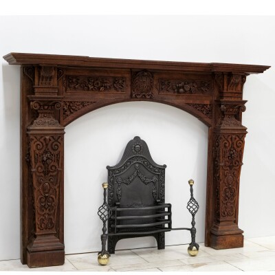 Monumental Antique Arts & Crafts Carved Oak Fireplace Surround