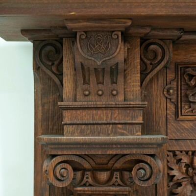 Monumental Antique Arts & Crafts Carved Oak Fireplace Surround