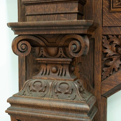 Monumental Antique Arts & Crafts Carved Oak Fireplace Surround