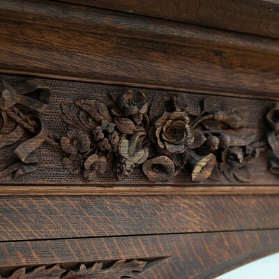 Monumental Antique Arts & Crafts Carved Oak Fireplace Surround