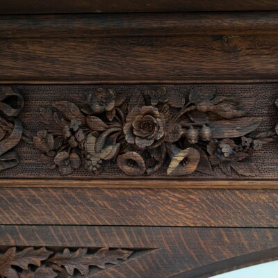 Monumental Antique Arts & Crafts Carved Oak Fireplace Surround