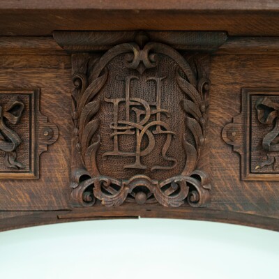 Monumental Antique Arts & Crafts Carved Oak Fireplace Surround