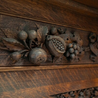 Monumental Antique Arts & Crafts Carved Oak Fireplace Surround