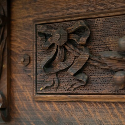 Monumental Antique Arts & Crafts Carved Oak Fireplace Surround