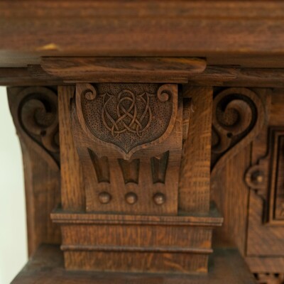 Monumental Antique Arts & Crafts Carved Oak Fireplace Surround